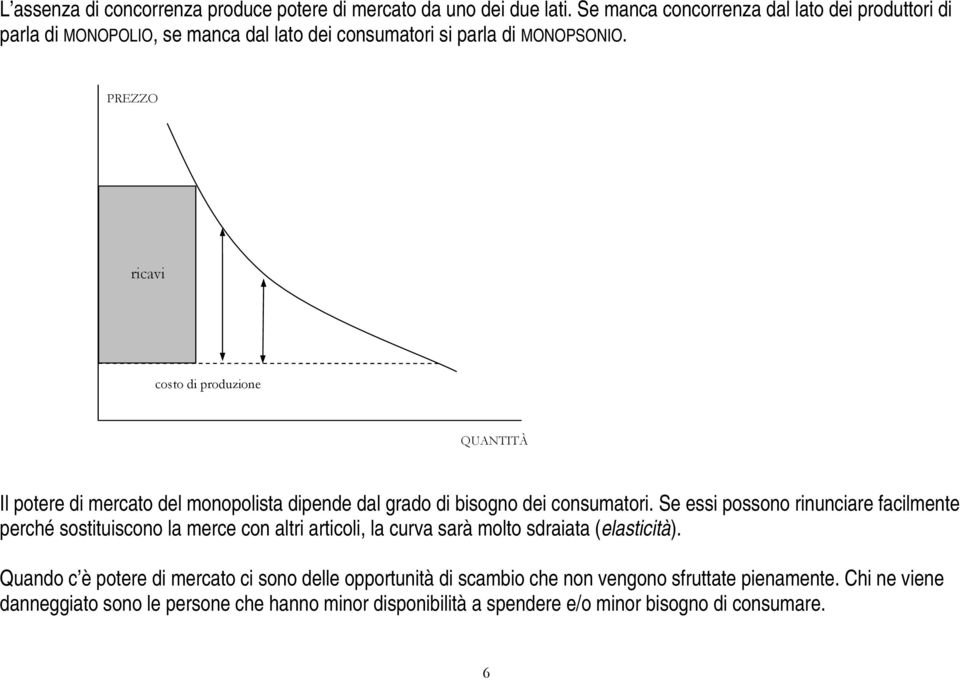 PREZZO ricavi costo di produzione QUANTITÀ Il potere di mercato del monopolista dipende dal grado di bisogno dei consumatori.