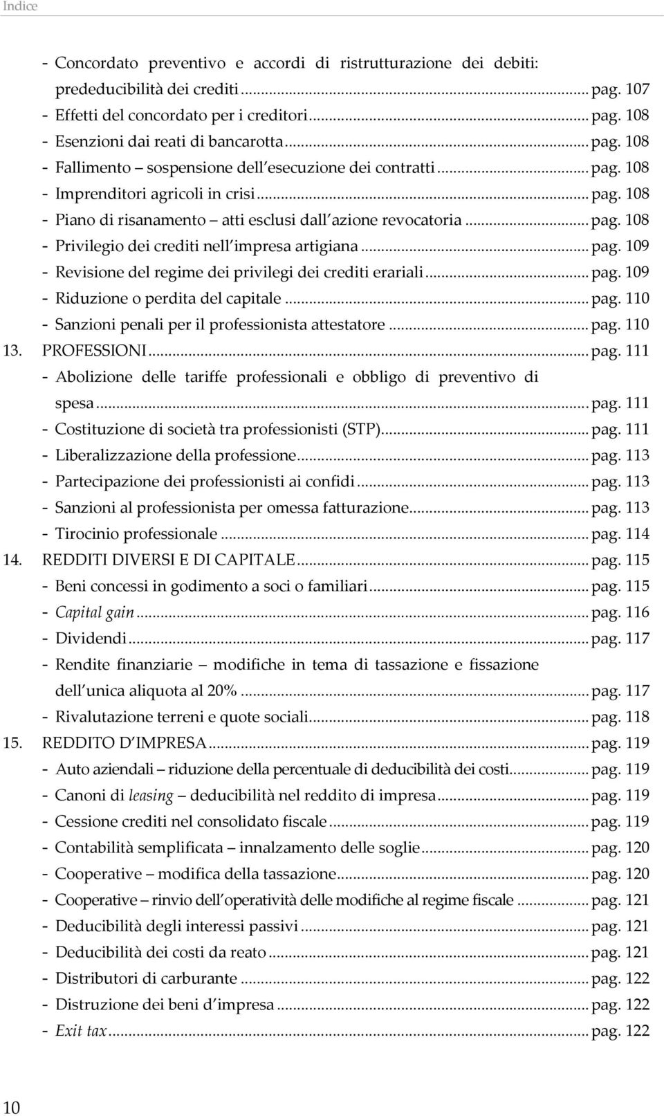 ..pag. 109 - Riduzione o perdita del capitale...pag. 110 - Sanzioni penali per il professionista attestatore...pag. 110 13. PROFESSIONI...pag. 111 - Abolizione delle tariffe professionali e obbligo di preventivo di spesa.