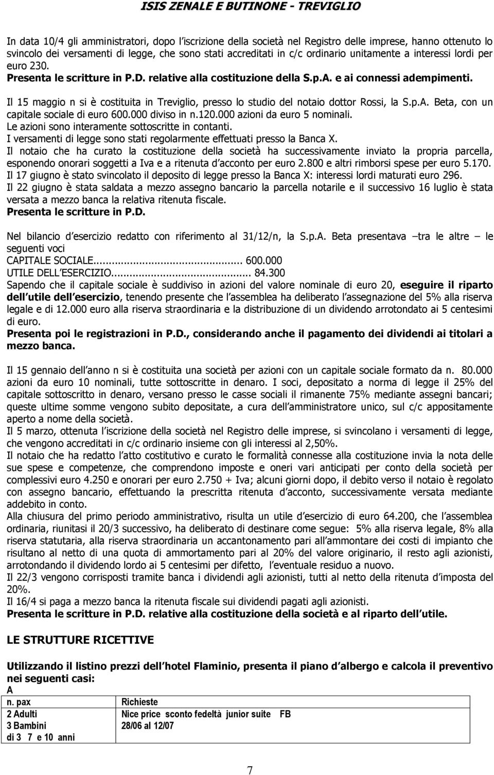 Il 15 maggio n si è costituita in Treviglio, presso lo studio del notaio dottor Rossi, la S.p.A. Beta, con un capitale sociale di euro 600.000 diviso in n.120.000 azioni da euro 5 nominali.