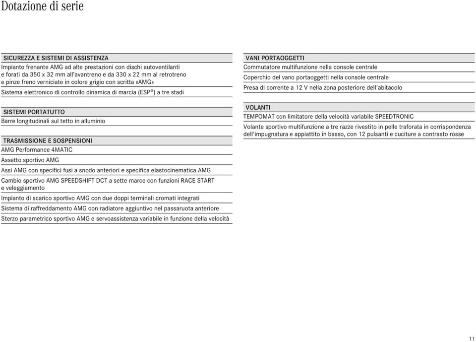vano portaoggetti nella console centrale Presa di corrente a V nella zona posteriore dell'abitacolo SISTEMI PORTATUTTO Barre longitudinali sul tetto in alluminio TRASMISSIONE E SOSPENSIONI AMG