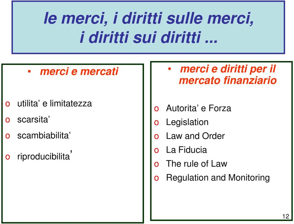 e limitatezza scarsita o o Autorita e Forza Legislation o scambiabilita o