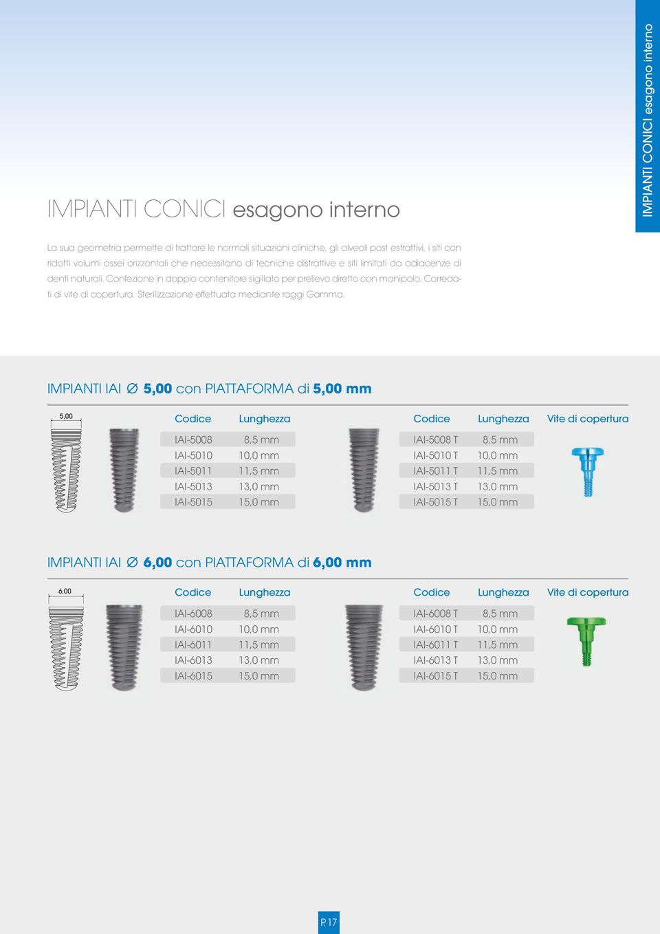 Corredati di vite di copertura. Sterilizzazione effettuata mediante raggi Gamma.