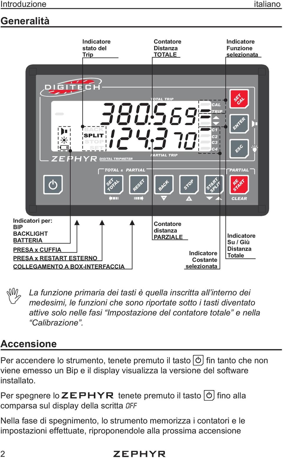 Contatore distanza PARZIALE Indicatore Costante selezionata Indicatore Su / Giù Distanza Totale La funzione primaria dei tasti è quella inscritta all interno dei medesimi, le funzioni che sono