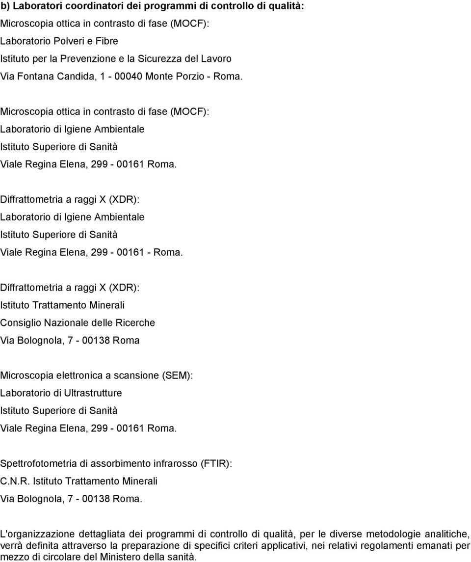 Diffrattometria a raggi X (XDR): Laboratorio di Igiene Ambientale Istituto Superiore di Sanità Viale Regina Elena, 299-00161 - Roma.