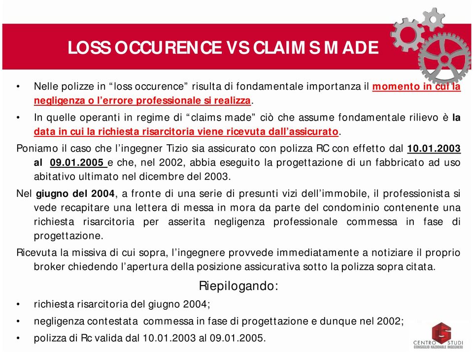 Poniamo il caso che l ingegner Tizio sia assicurato con polizza RC con effetto dal 10.01.