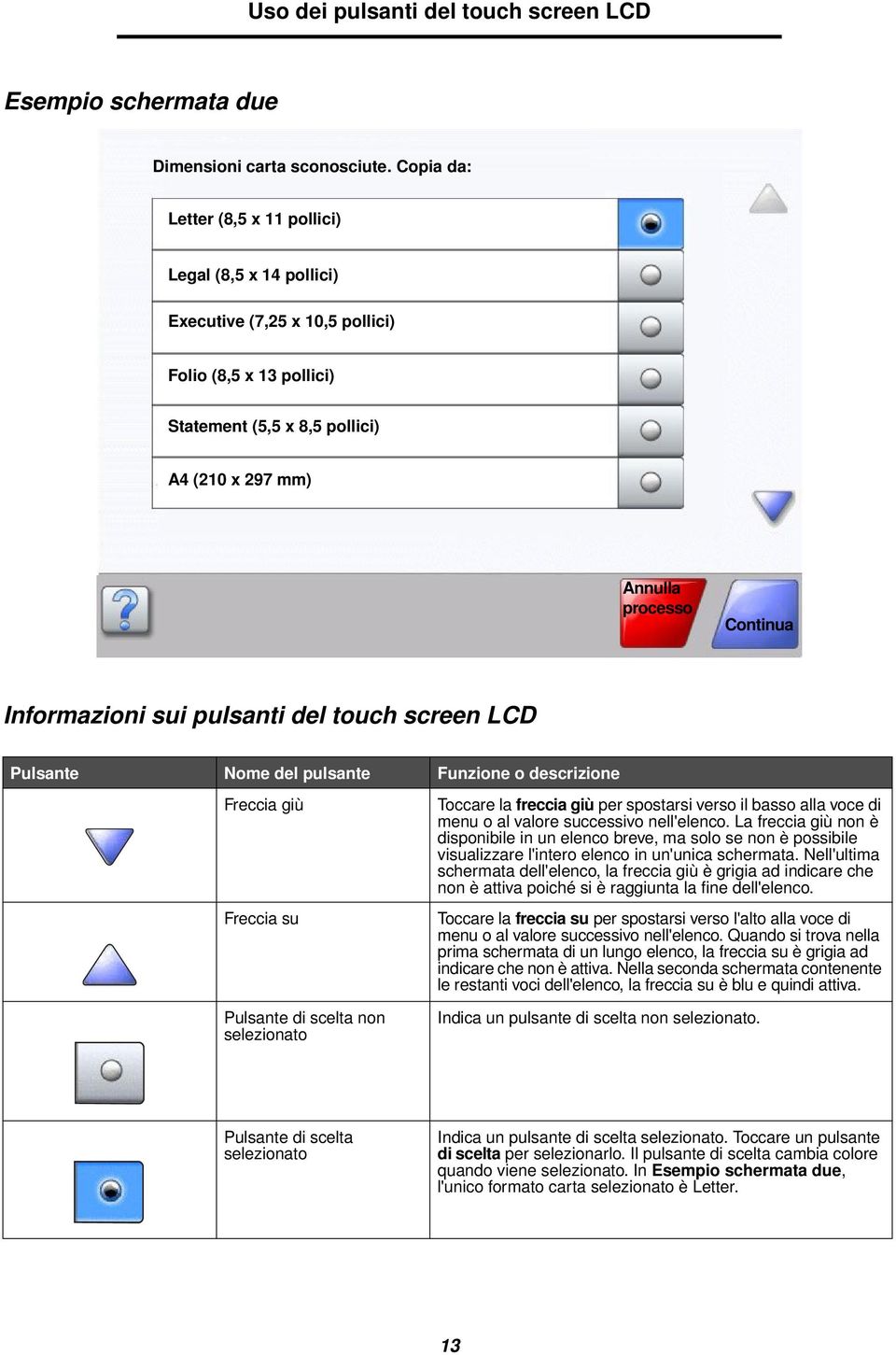 Informazioni sui pulsanti del touch screen LCD Pulsante Nome del pulsante Funzione o descrizione Freccia giù Freccia su Pulsante di scelta non selezionato Toccare la freccia giù per spostarsi verso