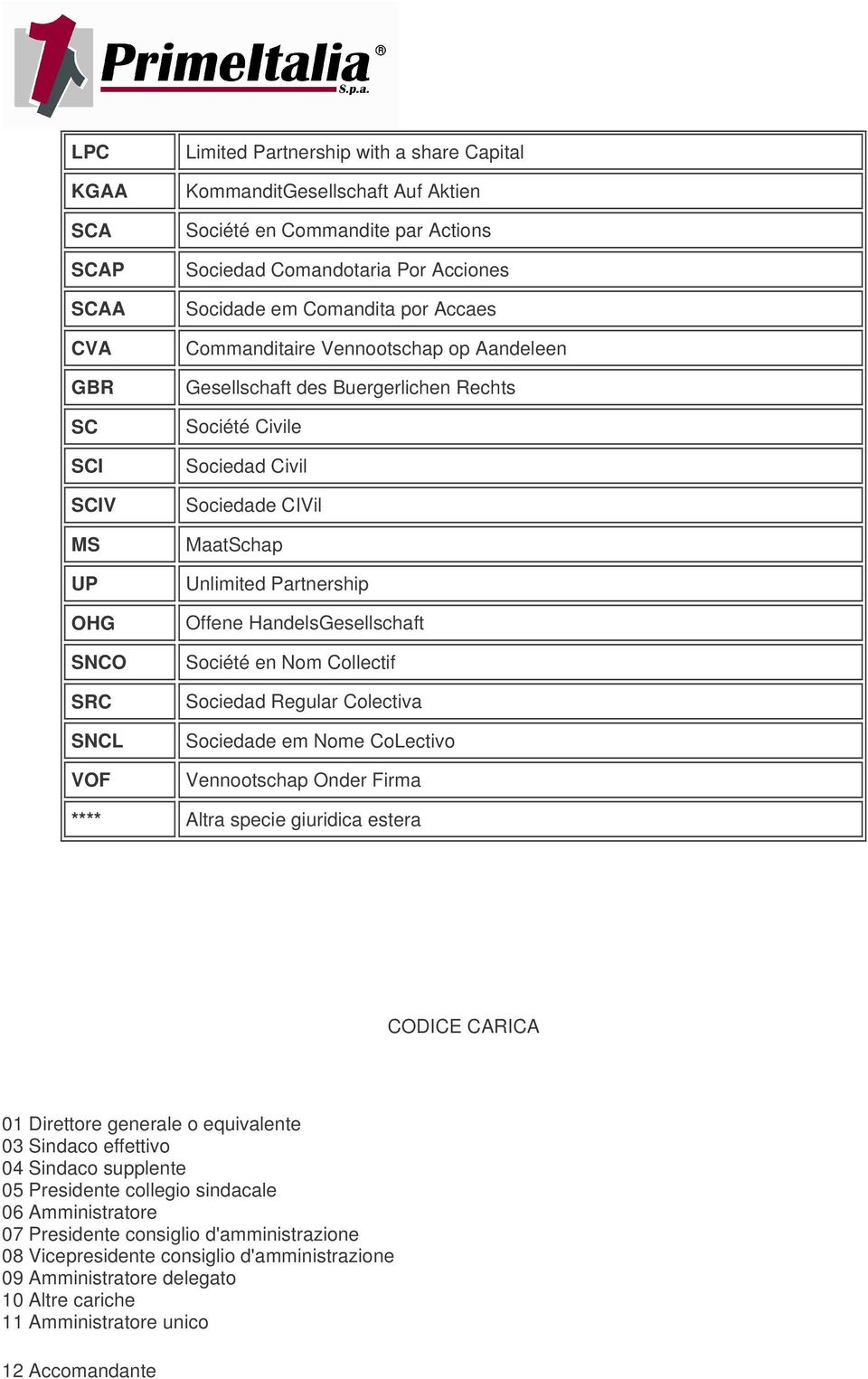 Unlimited Partnership Offene HandelsGesellschaft Société en Nom Collectif Sociedad Regular Colectiva Sociedade em Nome CoLectivo Vennootschap Onder Firma **** Altra specie giuridica estera CODICE