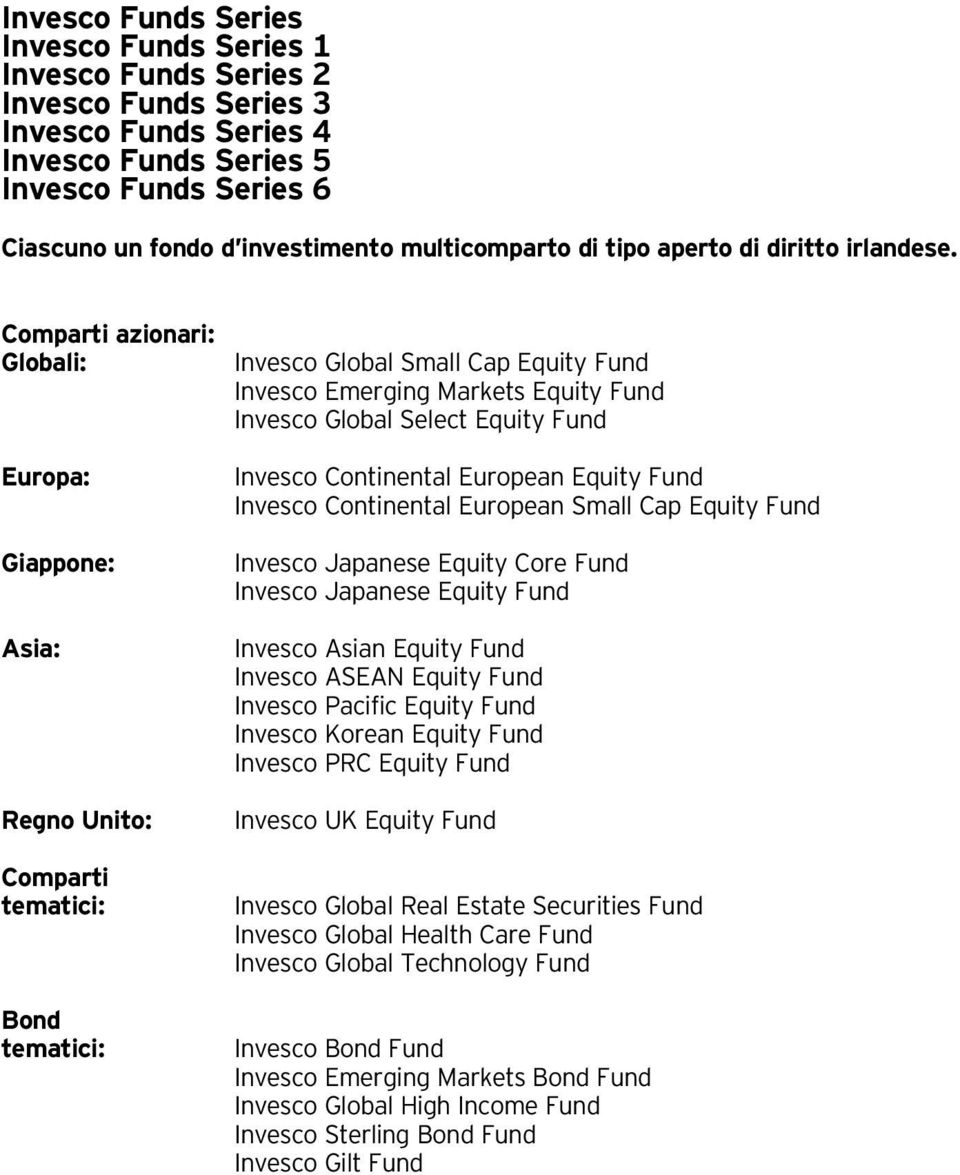 Comparti azionari: Globali: Europa: Giappone: Asia: Regno Unito: Comparti tematici: Bond tematici: Invesco Global Small Cap Equity Fund Invesco Emerging Markets Equity Fund Invesco Global Select