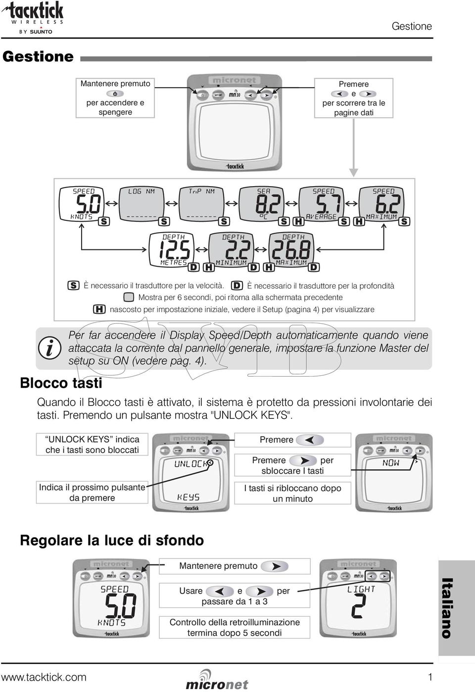 accendere il Display Speed/Depth automaticamente quando viene attaccata la corrente dal pannello generale, impostare la funzione Master del setup su ON (vedere pag. 4).