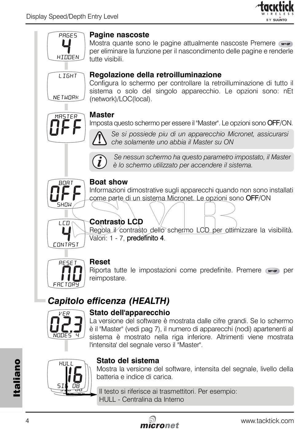 Master Imposta questo schermo per essere il "Master". Le opzioni sono OFF/ON.