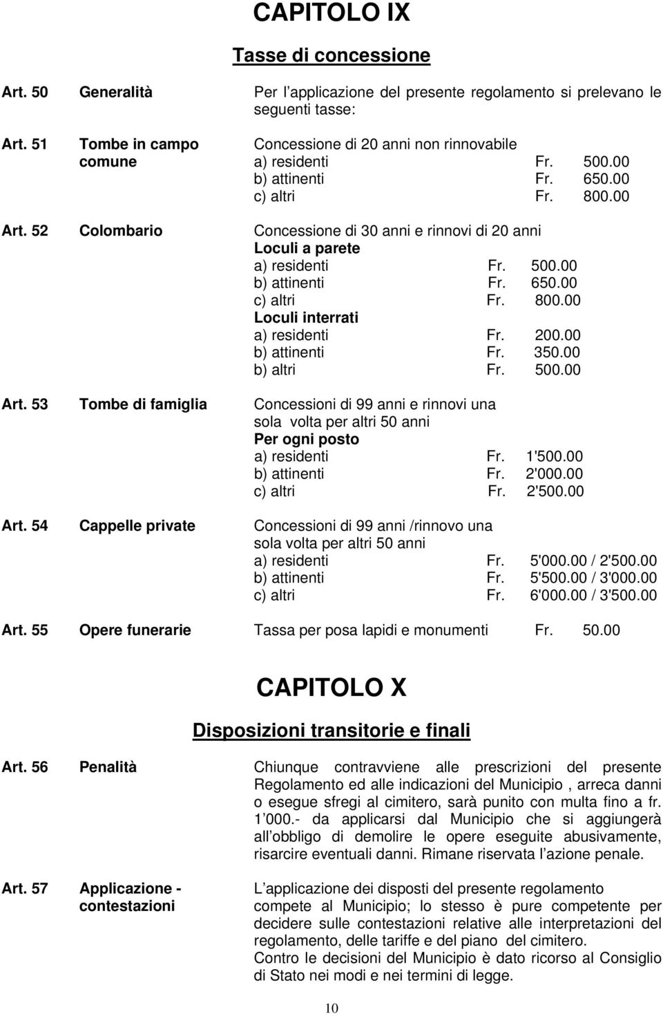 52 Colombario Concessione di 30 anni e rinnovi di 20 anni Loculi a parete a) residenti Fr. 500.00 b) attinenti Fr. 650.00 c) altri Fr. 800.00 Loculi interrati a) residenti Fr. 200.00 b) attinenti Fr. 350.