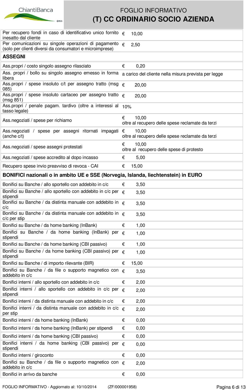 propri / spese insoluto c/t per assegno tratto (msg 085) 20,00 Ass.propri / spese insoluto cartaceo per assegno tratto (msg 851) 20,00 Ass.propri / penale pagam.