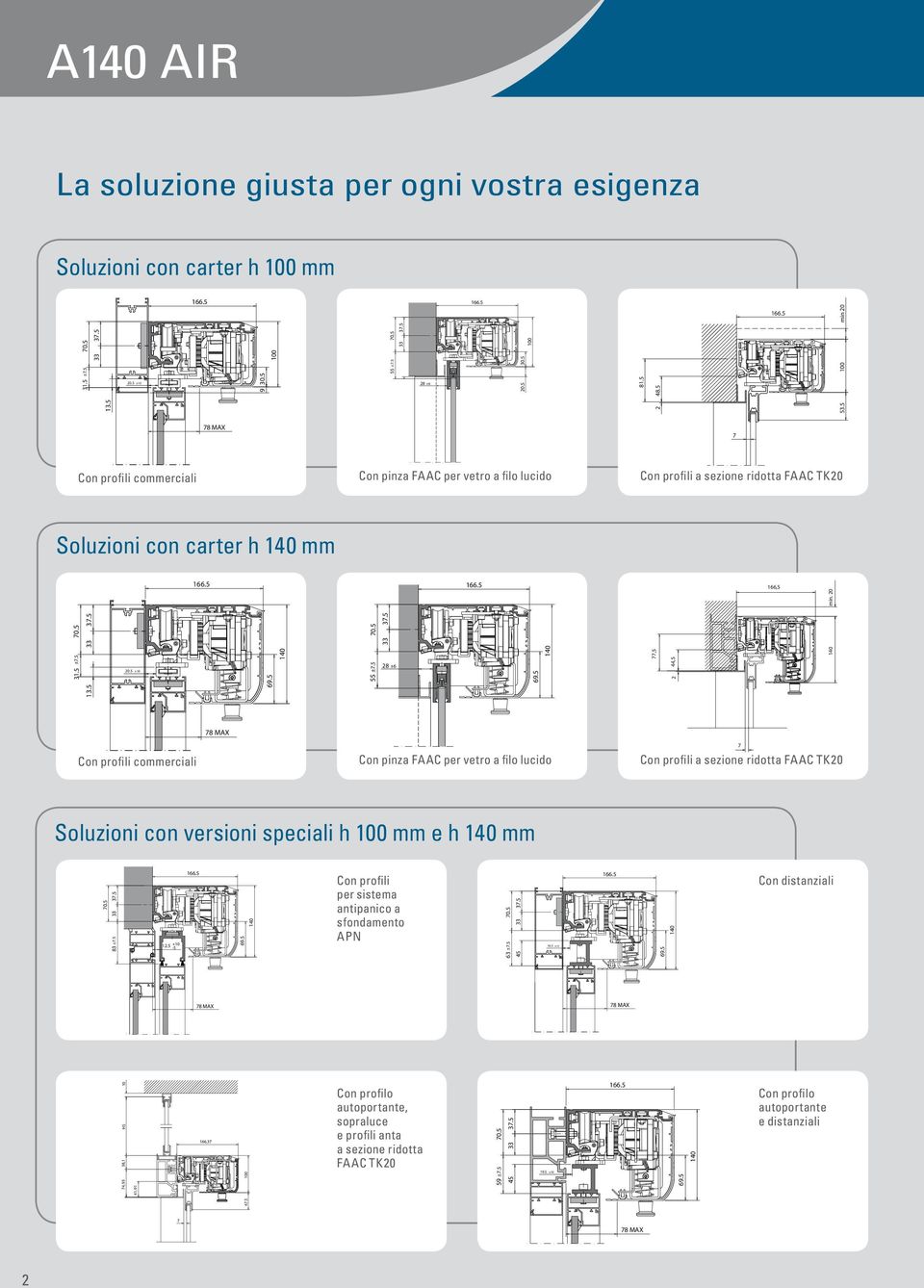 5 28 ±6 77,5 2 44,5 Con profili commerciali Con pinza FAAC per vetro a filo lucido 7 Con profili a sezione ridotta FAAC TK20 Soluzioni con versioni speciali h 100 mm e h mm 70.5 83 ±7.5 12.