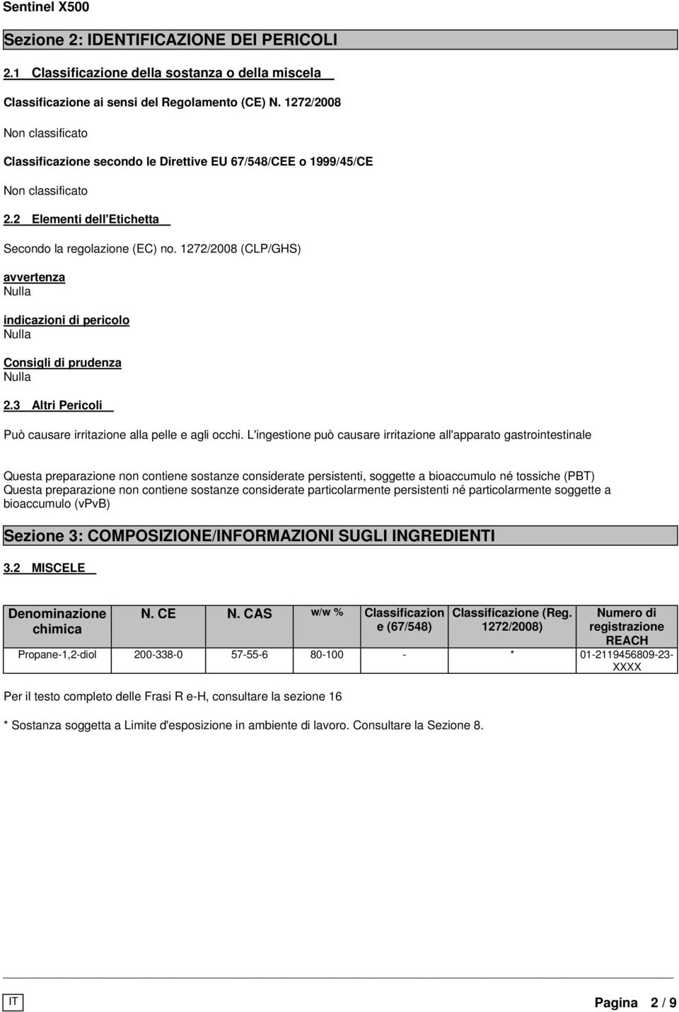 1272/2008 (CLP/GHS) avvertenza Nulla indicazioni di pericolo Nulla Consigli di prudenza Nulla 2.3 Altri Pericoli Può causare irritazione alla pelle e agli occhi.