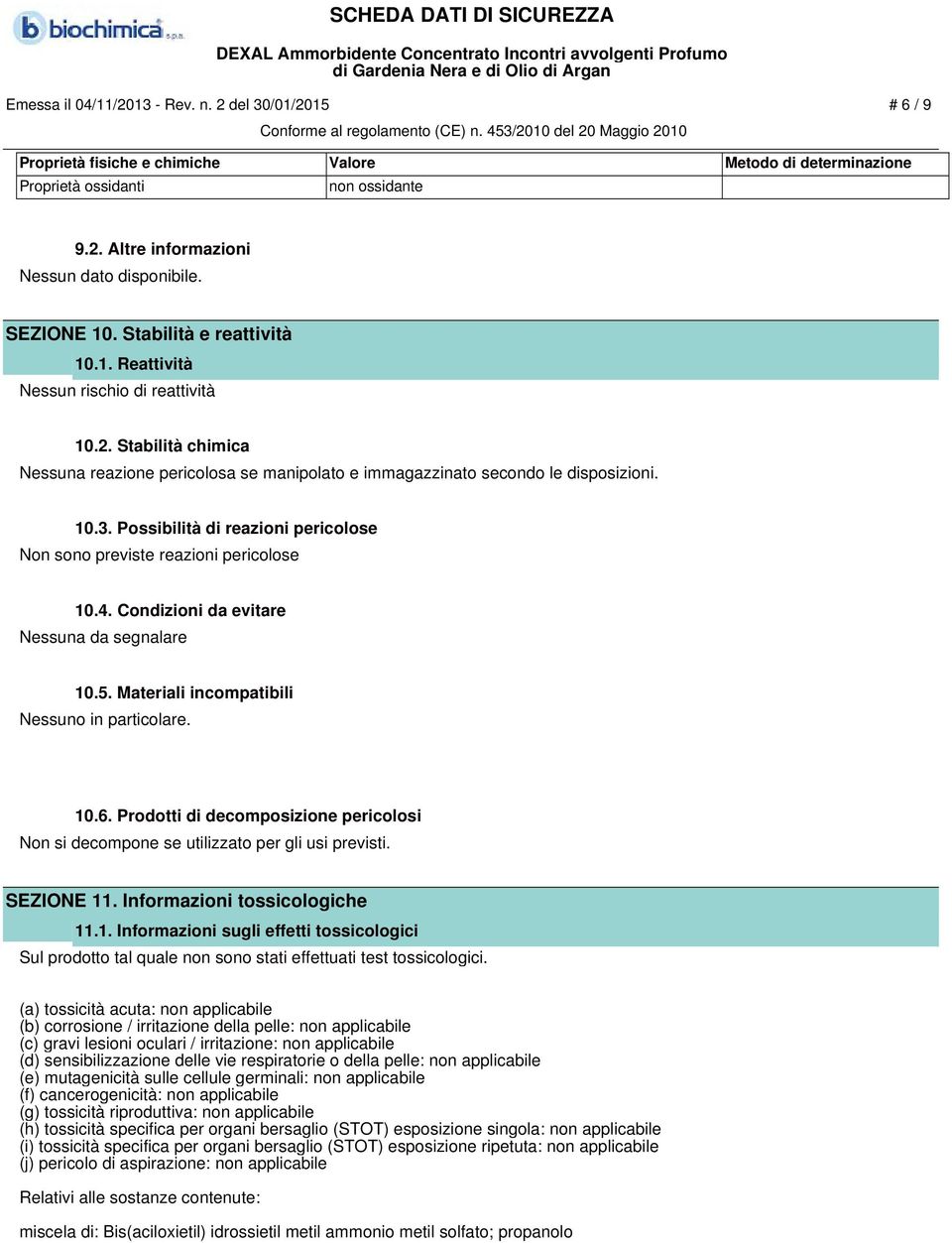 Possibilità di reazioni pericolose Non sono previste reazioni pericolose 10.4. Condizioni da evitare Nessuna da segnalare 10.5. Materiali incompatibili Nessuno in particolare. 10.6.