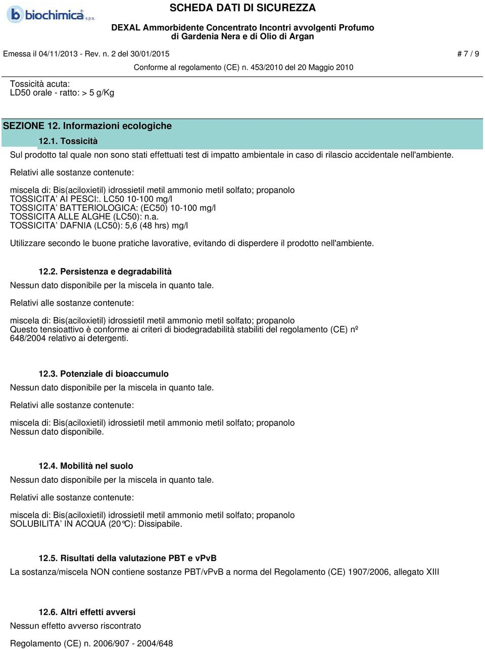 TOSSICITA DAFNIA (LC50): 5,6 (48 hrs) mg/l Utilizzare secondo le buone pratiche lavorative, evitando di disperdere il prodotto nell'ambiente. 12.