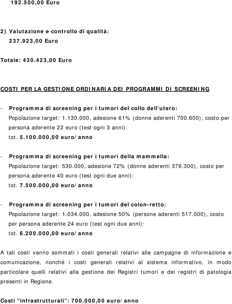 600), costo per persona aderente 22 euro (test ogni 3 anni): tot. 5.100.000,00 euro/anno - Programma di screening per i tumori della mammella: Popolazione target: 530.