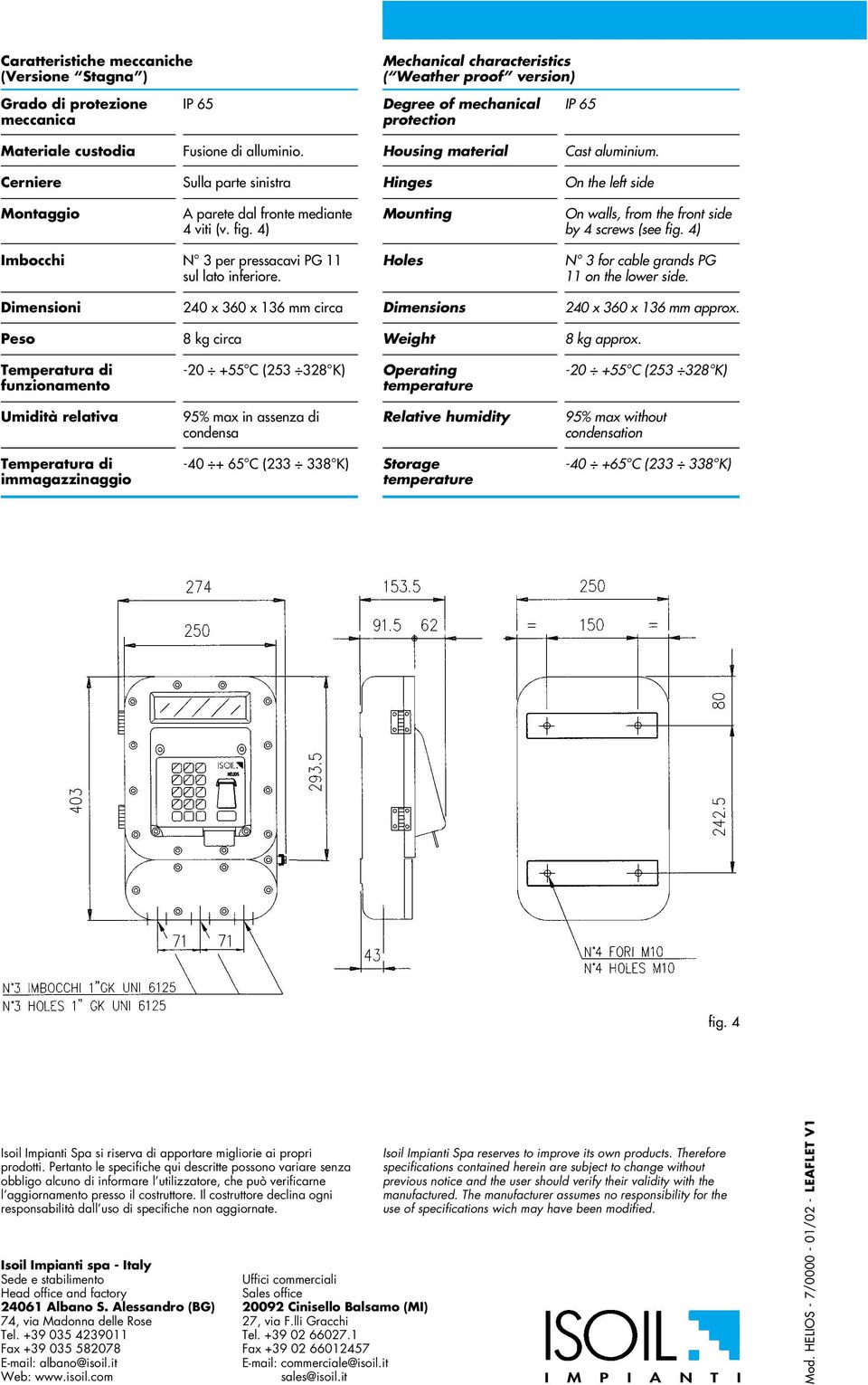 4) Mounting On walls, from the front side by 4 screws (see fig. 4) Imbocchi N 3 per pressacavi PG 11 sul lato inferiore. Holes N 3 for cable grands PG 11 on the lower side.