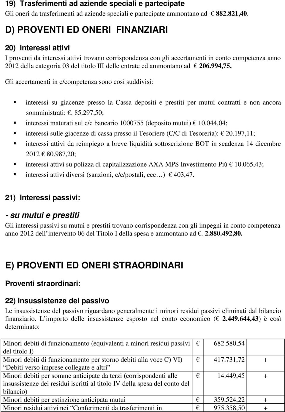 entrate ed ammontano ad 206.994,75. Gli accertamenti in c/competenza sono così suddivisi: interessi su giacenze presso la Cassa depositi e prestiti per mutui contratti e non ancora somministrati:. 85.