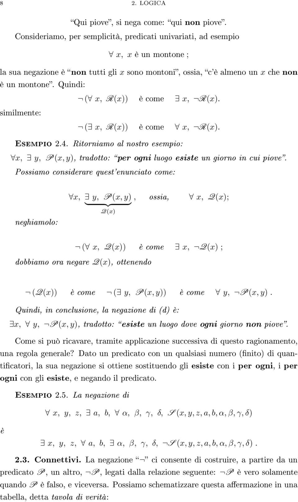 Quindi: similmente: Esempio 2.4. ( x, R(x)) è come x, R(x). ( x, R(x)) è come x, R(x). Ritorniamo al nostro esempio: x, y, P(x, y), tradotto: per ogni luogo esiste un giorno in cui piove.