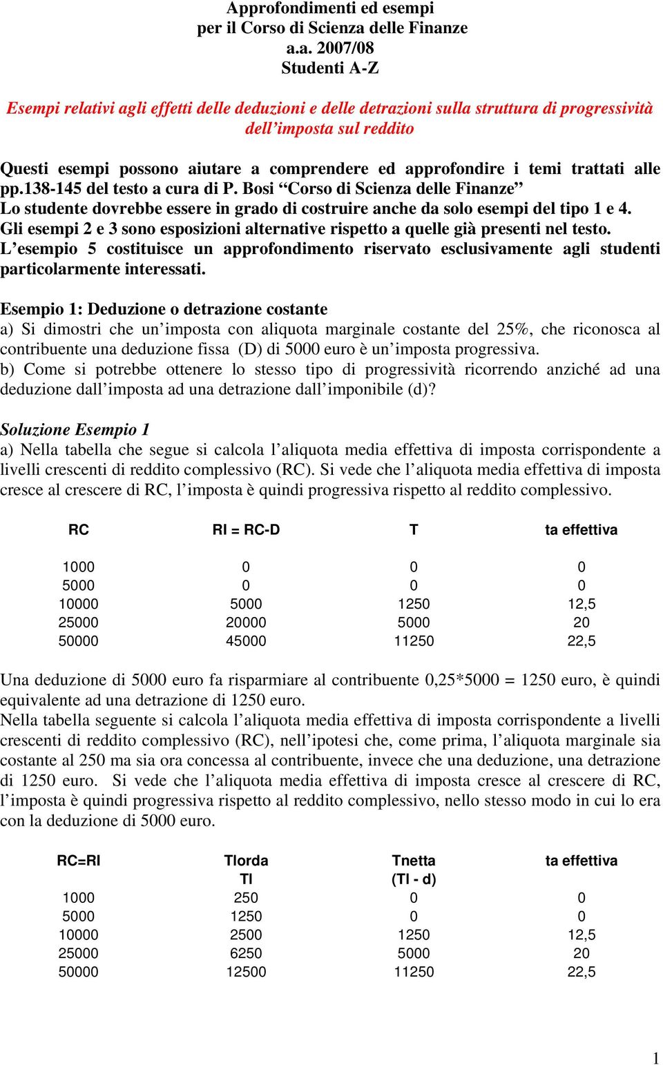 ze a.a. 2007/08 Studenti A-Z Esempi relativi agli effetti delle deduzioni e delle detrazioni sulla struttura di progressività dell imposta sul reddito Questi esempi possono aiutare a comprendere ed