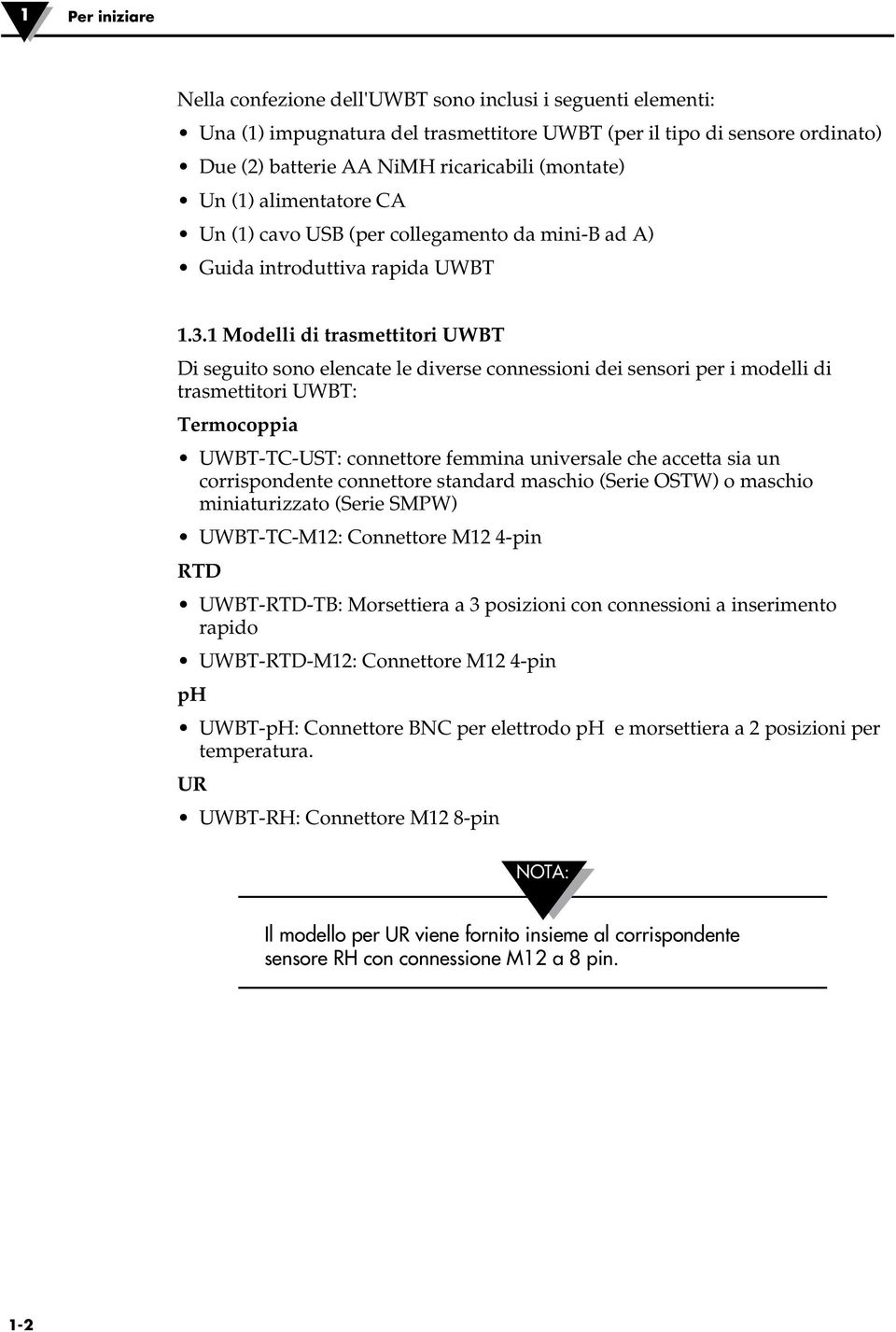 1 Modelli di trasmettitori UWBT Di seguito sono elencate le diverse connessioni dei sensori per i modelli di trasmettitori UWBT: Termocoppia UWBT-TC-UST: connettore femmina universale che accetta sia