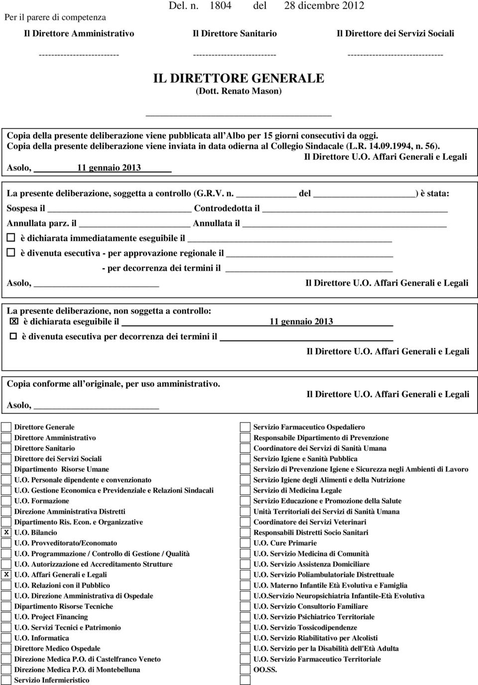 DIRETTORE GENERALE (Dott. Renato Mason) Copia della presente deliberazione viene pubblicata all Albo per 15 giorni consecutivi da oggi.