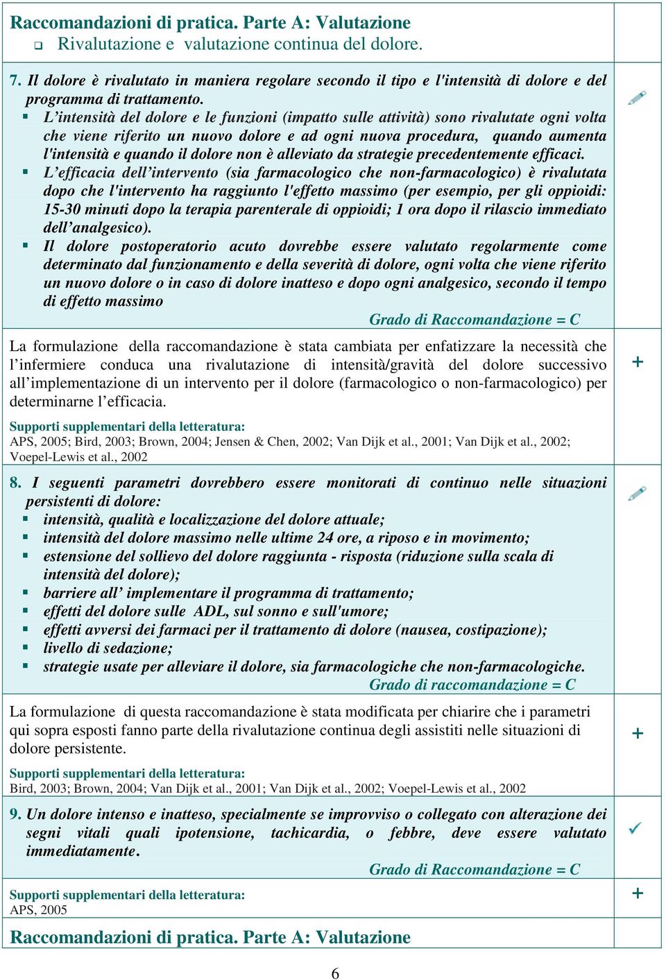 L intensità del dolore e le funzioni (impatto sulle attività) sono rivalutate ogni volta che viene riferito un nuovo dolore e ad ogni nuova procedura, quando aumenta l'intensità e quando il dolore