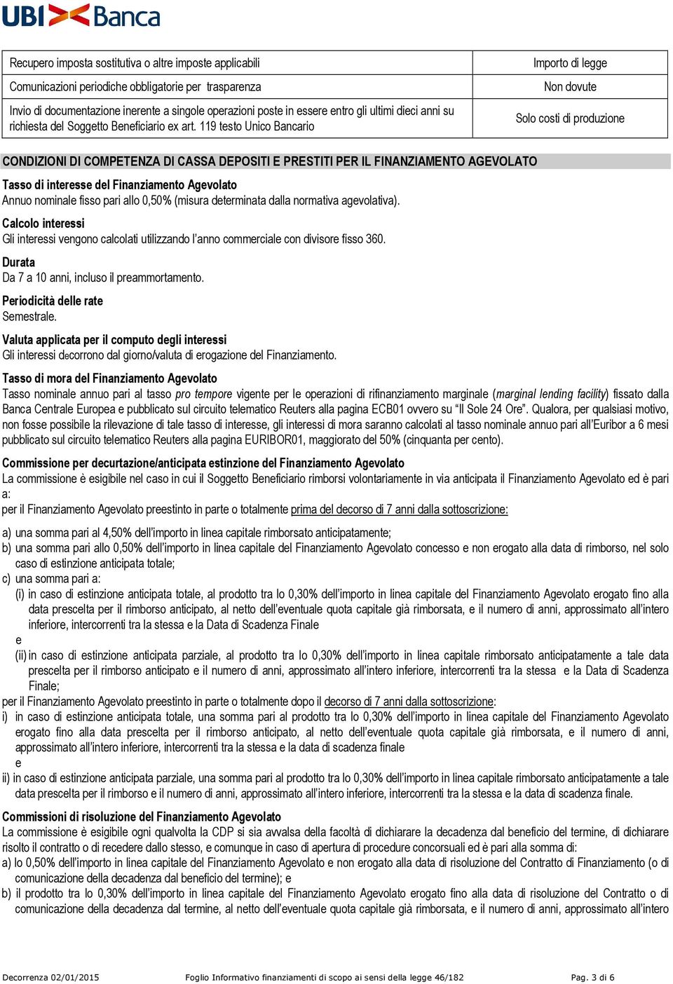 119 testo Unico Bancario Importo di legge Non dovute Solo costi di produzione CONDIZIONI DI COMPETENZA DI CASSA DEPOSITI E PRESTITI PER IL FINANZIAMENTO AGEVOLATO Tasso di interesse del Finanziamento