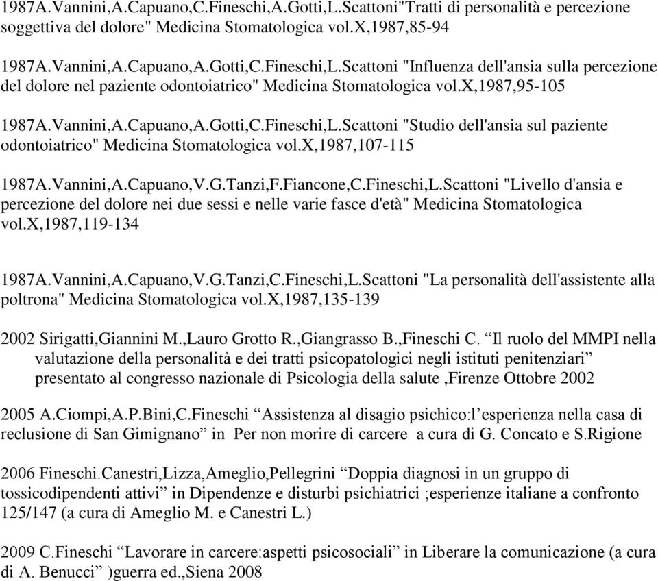Scattoni "Studio dell'ansia sul paziente odontoiatrico" Medicina Stomatologica vol.x,1987,107-115 1987A.Vannini,A.Capuano,V.G.Tanzi,F.Fiancone,C.Fineschi,L.