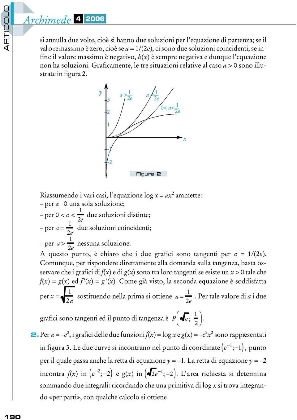 y 3 a > e a = e 0< a< e - x - Figura Riassumendo i vari casi, l equazione log x = ax ammette: per a 0 una sola soluzione; per 0 < a < due soluzioni distinte; per a = e due soluzioni coincidenti; e