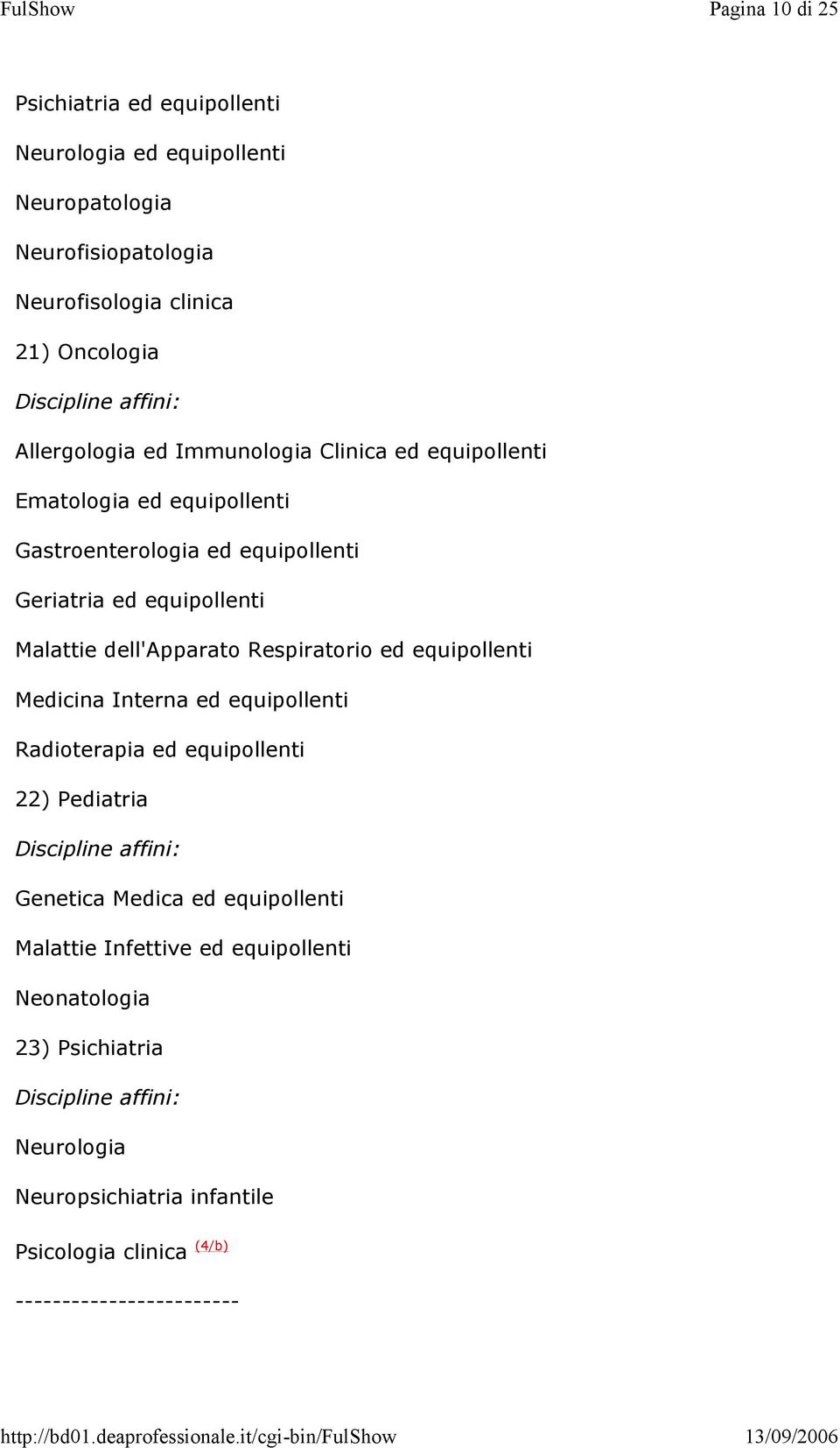 dell'apparato Respiratorio ed equipollenti Medicina Interna ed equipollenti Radioterapia ed equipollenti 22) Pediatria Genetica Medica ed