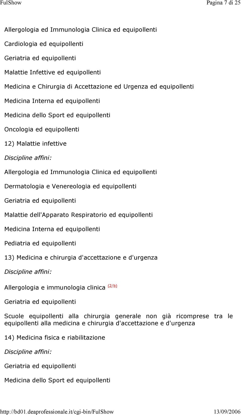 ed equipollenti Malattie dell'apparato Respiratorio ed equipollenti Medicina Interna ed equipollenti Pediatria ed equipollenti 13) Medicina e chirurgia d'accettazione e d'urgenza Allergologia e