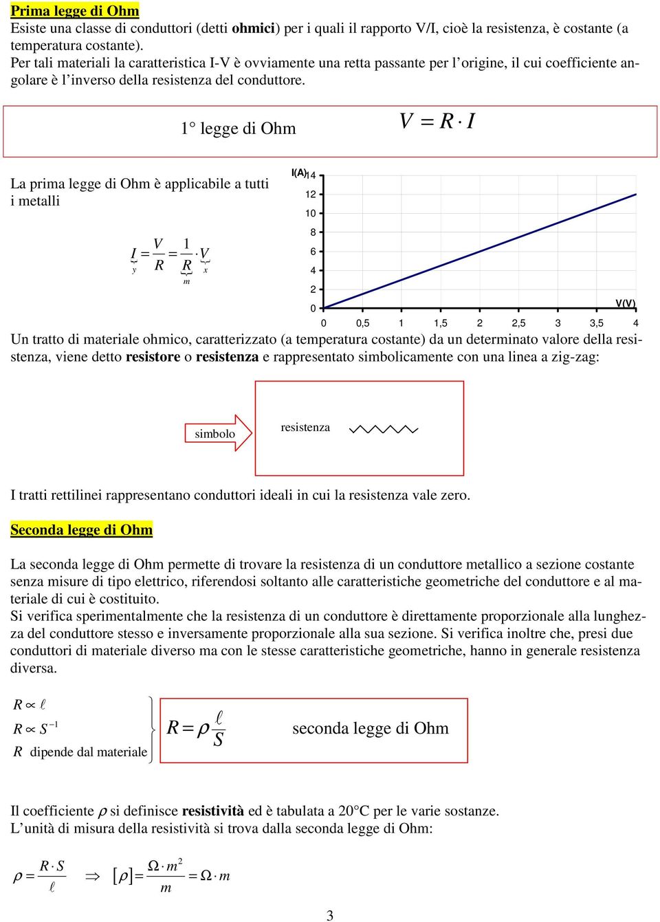 legge di Oh = La pria legge di Oh è applicabile a tutti i etalli = y = x () 4 0 8 6 4 0 () 0 0,5,5,5 3 3,5 4 Un tratto di ateriale ohico, caratterizzato (a teperatura costante) da un deterinato