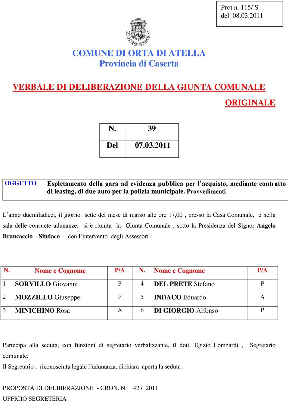 Presidenza del Signor Angelo Brancaccio Sindaco - con l intervento degli Assessori : N. Nome e Cognome P/A N.