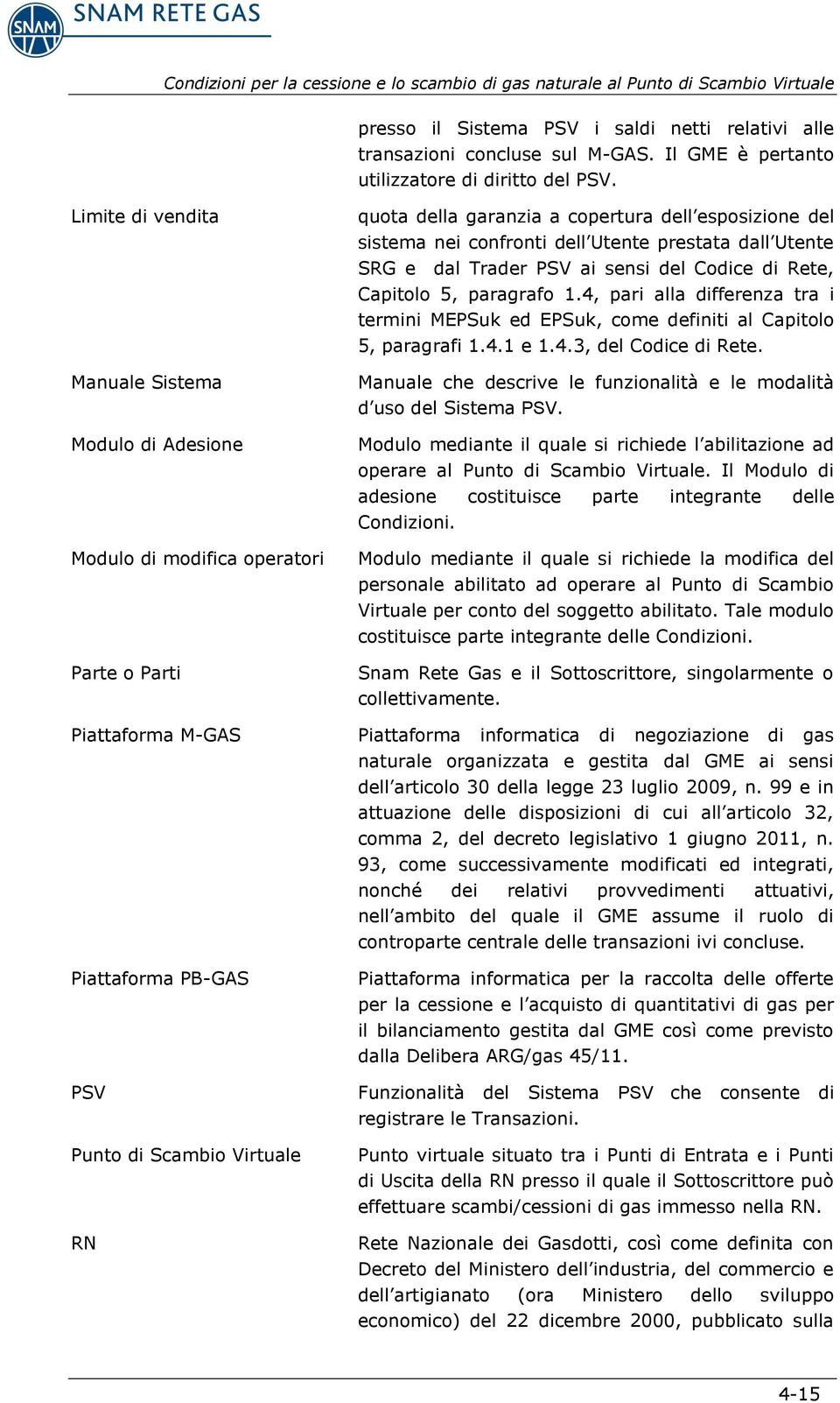 dell esposizione del sistema nei confronti dell Utente prestata dall Utente SRG e dal Trader PSV ai sensi del Codice di Rete, Capitolo 5, paragrafo 1.