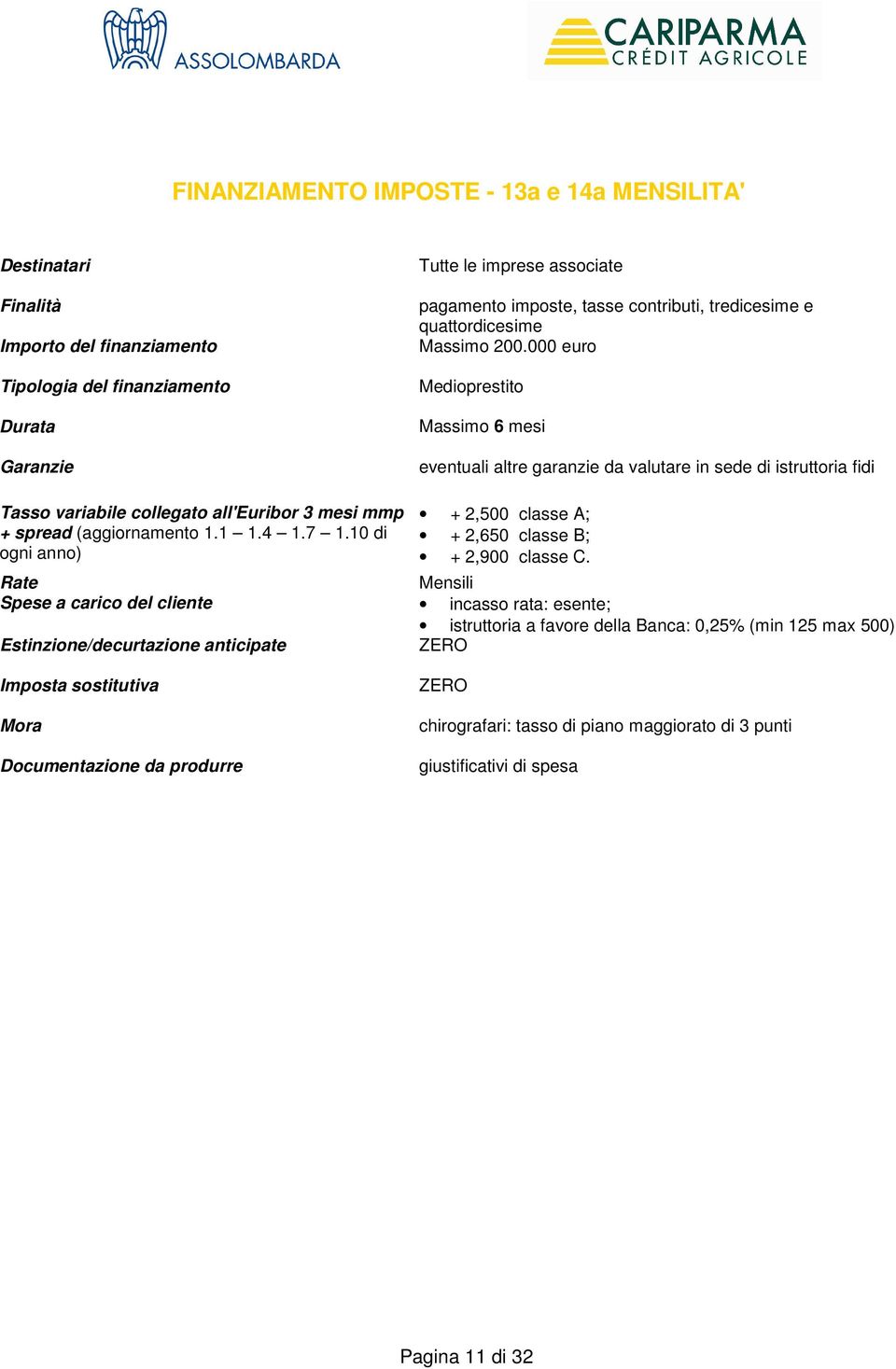 000 euro Medioprestito Massimo 6 mesi eventuali altre garanzie da valutare in sede di istruttoria fidi Tasso variabile collegato all'euribor 3 mesi mmp + spread (aggiornamento 1.1 1.4 1.7 1.