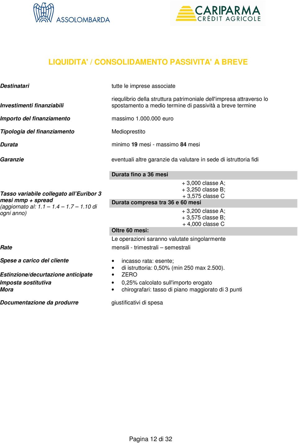 10 di ogni anno) Rate tutte le imprese associate riequlibrio della struttura patrimoniale dell'impresa attraverso lo spostamento a medio termine di passività a breve termine massimo 1.000.