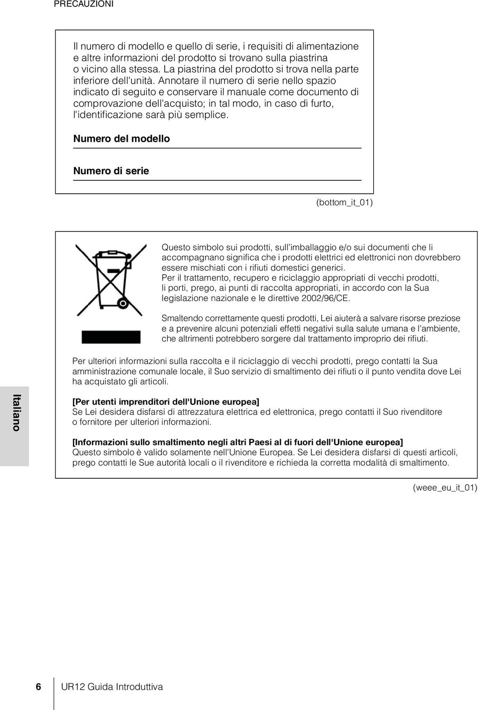 Annotare il numero di serie nello spazio indicato di seguito e conservare il manuale come documento di comprovazione dell'acquisto; in tal modo, in caso di furto, l'identificazione sarà più semplice.