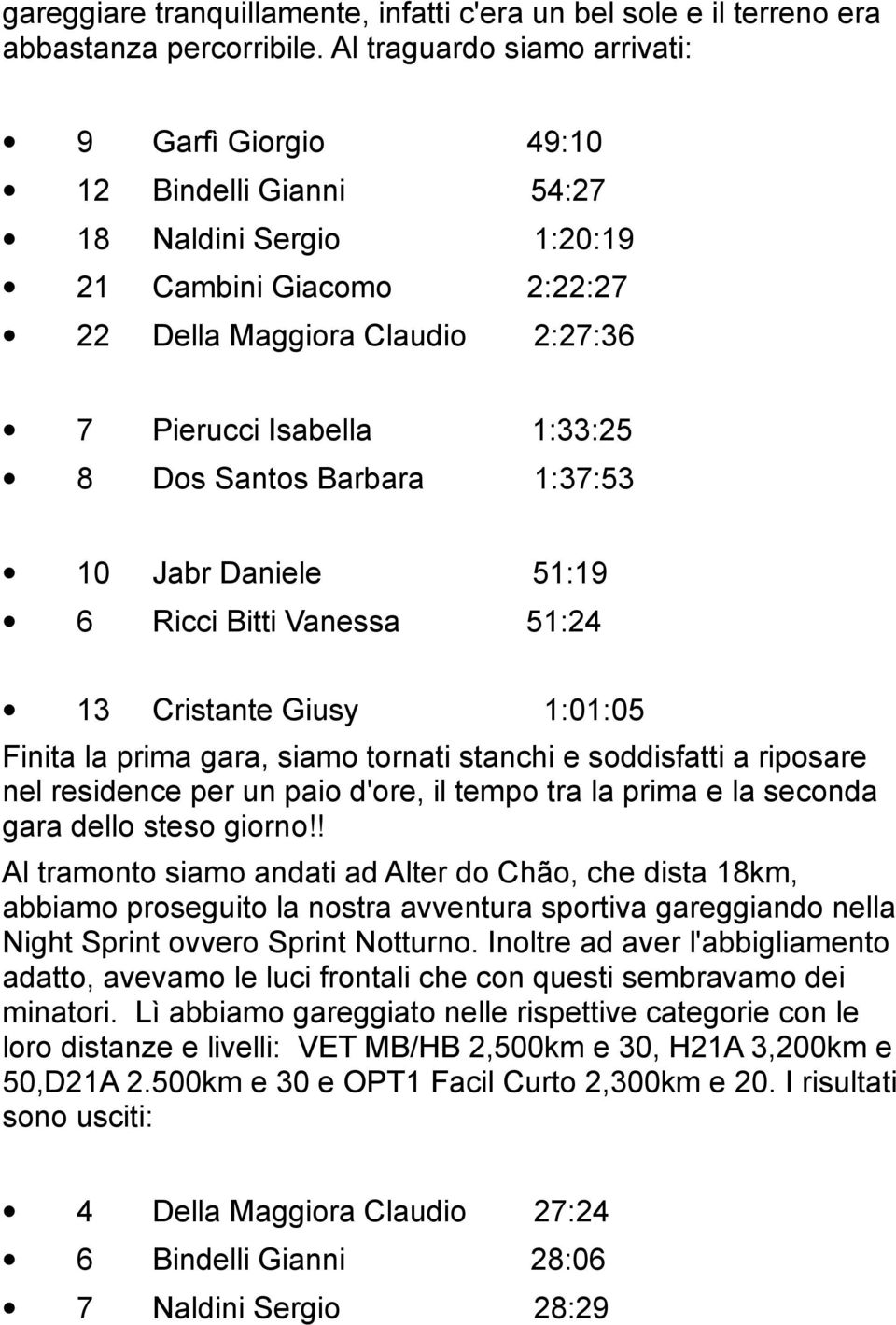 Santos Barbara 1:37:53 10 Jabr Daniele 51:19 6 Ricci Bitti Vanessa 51:24 13 Cristante Giusy 1:01:05 Finita la prima gara, siamo tornati stanchi e soddisfatti a riposare nel residence per un paio