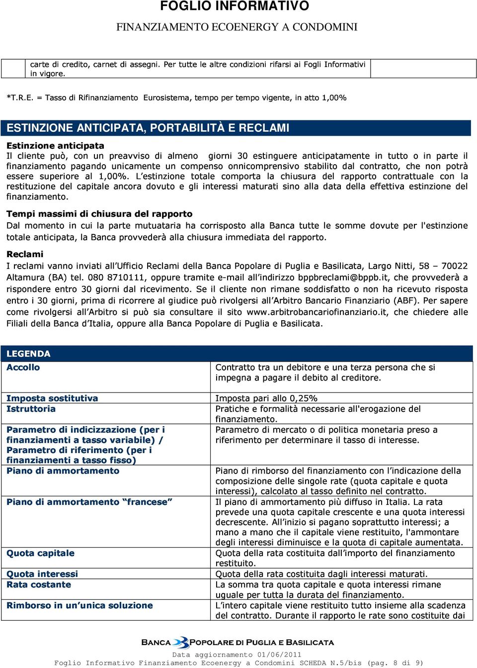 RECLAMI Foglio Informativo Finanziamento