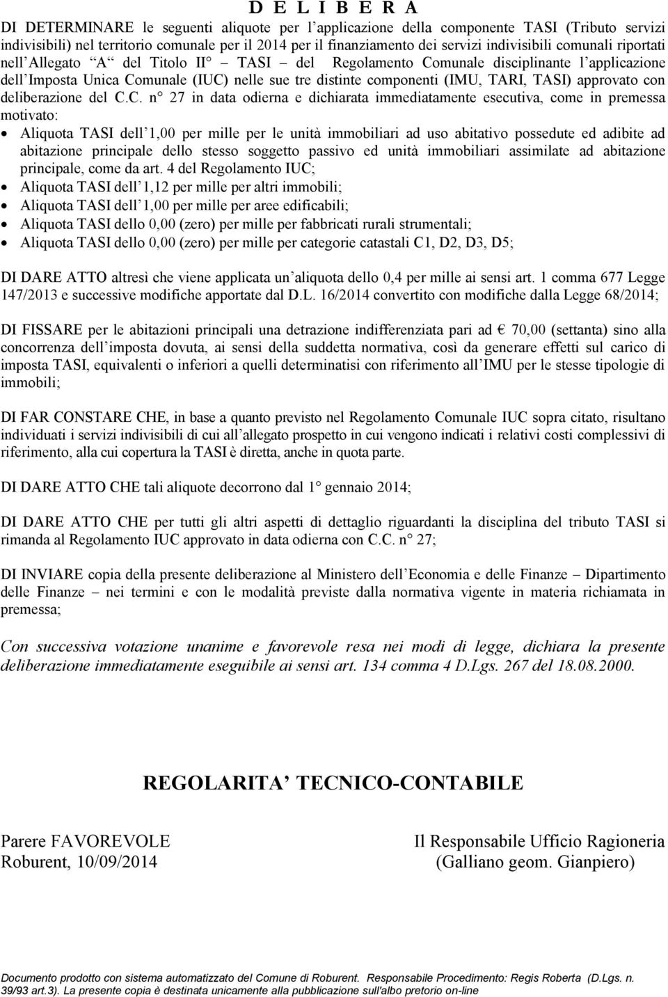 TARI, TASI) approvato con deliberazione del C.