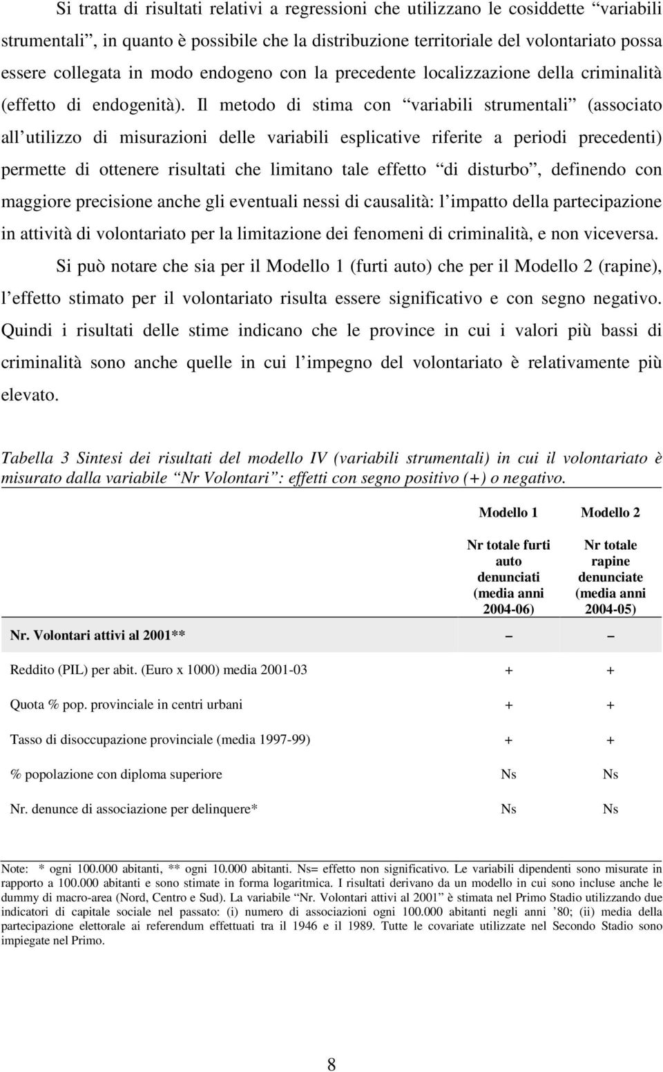 Il metodo di stima con variabili strumentali (associato all utilizzo di misurazioni delle variabili esplicative riferite a periodi precedenti) permette di ottenere risultati che limitano tale effetto