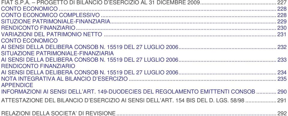 15519 DEL 27 LUGLIO 2006... 233 RENDICONTO FINANZIARIO AI SENSI DELLA DELIBERA CONSOB N. 15519 DEL 27 LUGLIO 2006... 234 NOTA INTEGRATIVA AL BILANCIO D ESERCIZIO.