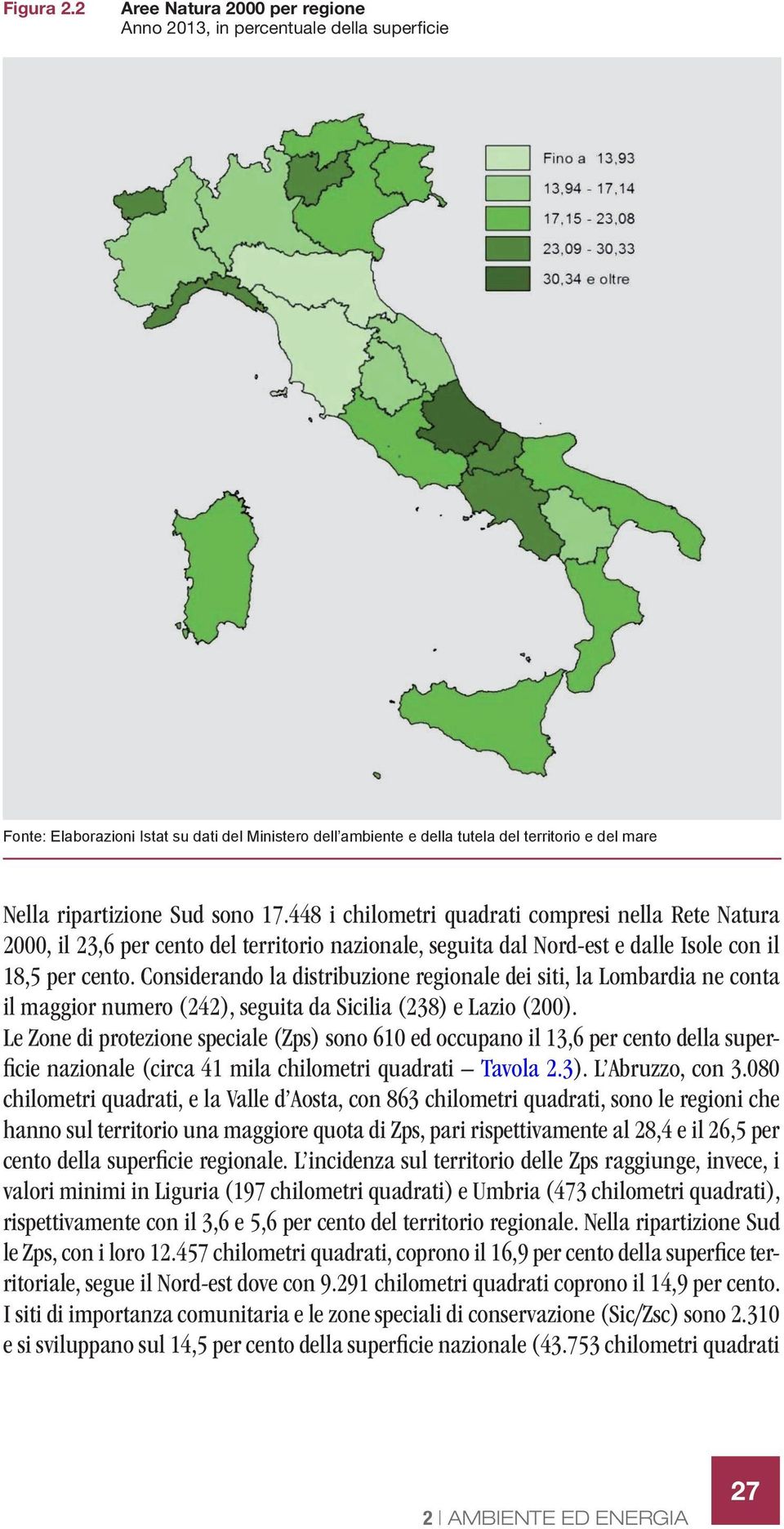 sono 17.448 i chilometri quadrati compresi nella Rete Natura 2000, il 23,6 per cento del territorio nazionale, seguita dal Nord-est e dalle Isole con il 18,5 per cento.