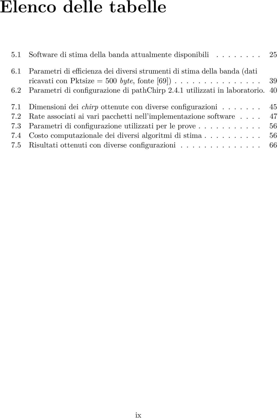 2 Parametri di configurazione di pathchirp 2.4.1 utilizzati in laboratorio. 40 7.1 Dimensioni dei chirp ottenute con diverse configurazioni....... 45 7.