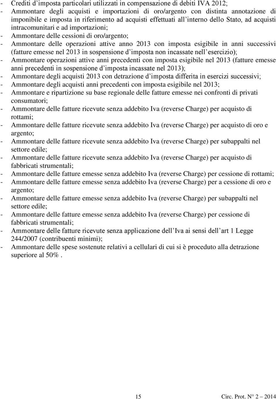 imposta esigibile in anni successivi (fatture emesse nel 2013 in sospensione d imposta non incassate nell esercizio); - Ammontare operazioni attive anni precedenti con imposta esigibile nel 2013