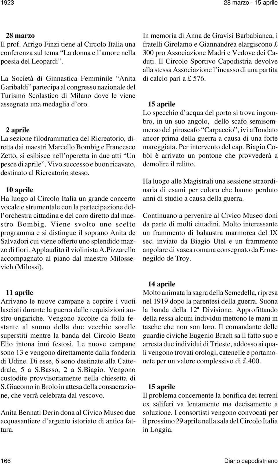 2 aprile La sezione filodrammatica del Ricreatorio, diretta dai maestri Marcello Bombig e Francesco Zetto, si esibisce nell operetta in due atti Un pesce di aprile.