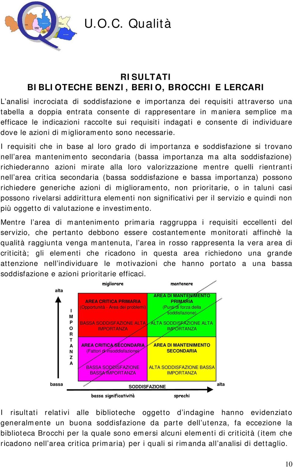 I requisiti che in base al loro grado di importanza e soddisfazione si trovano nell area mantenimento secondaria (bassa importanza ma alta soddisfazione) richiederanno azioni mirate alla loro