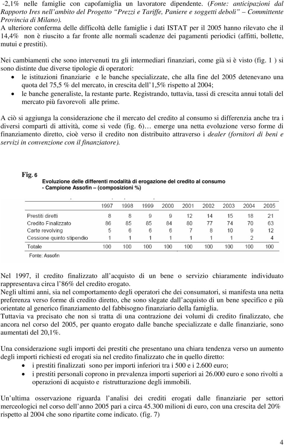 A ulteriore conferma delle difficoltà delle famiglie i dati ISTAT per il 2005 hanno rilevato che il 14,4% non è riuscito a far fronte alle normali scadenze dei pagamenti periodici (affitti, bollette,